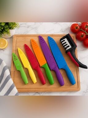 Colorful Kitchen Knife Set with Covers + Meat Tenderaizer Cutting Board Bundle